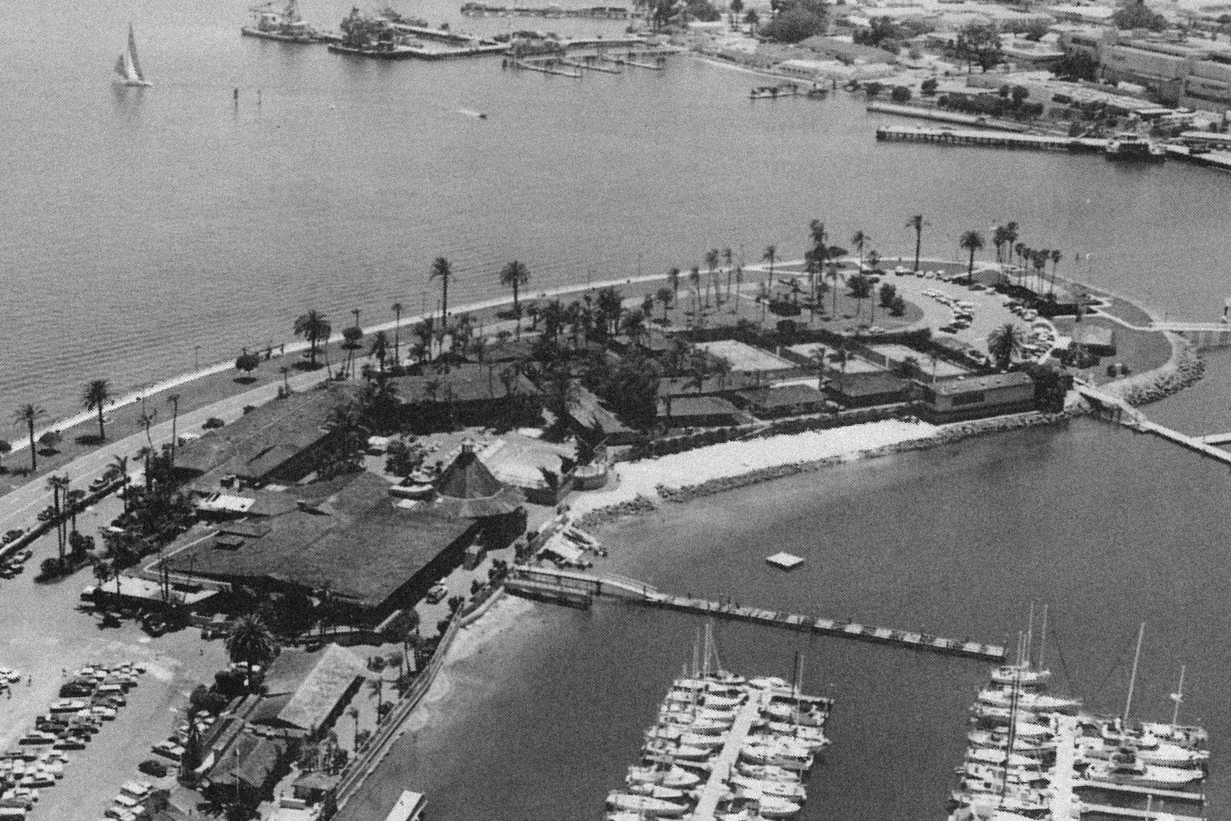 A black and white aerial view of Kona Kai