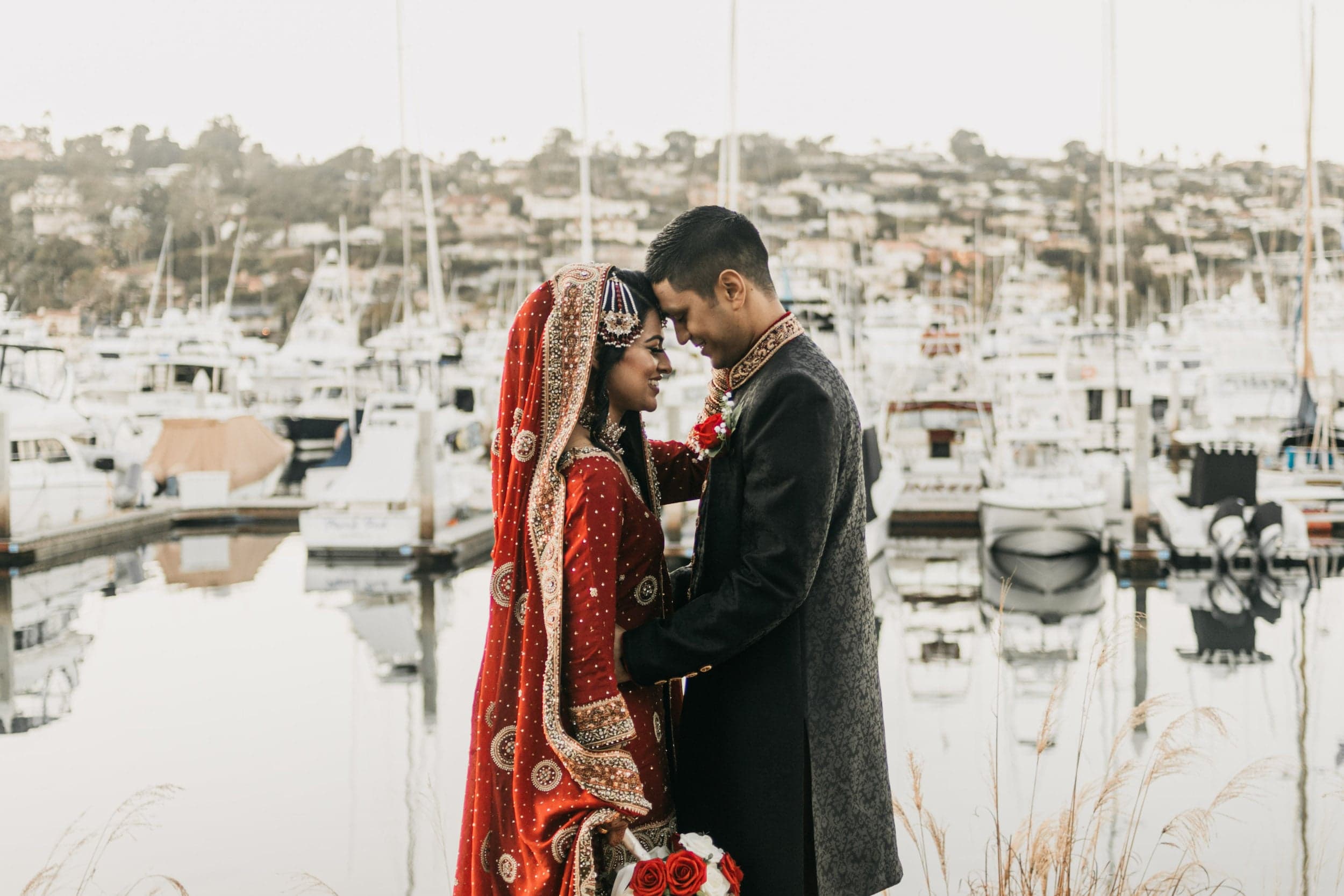 A newly married couple embracing