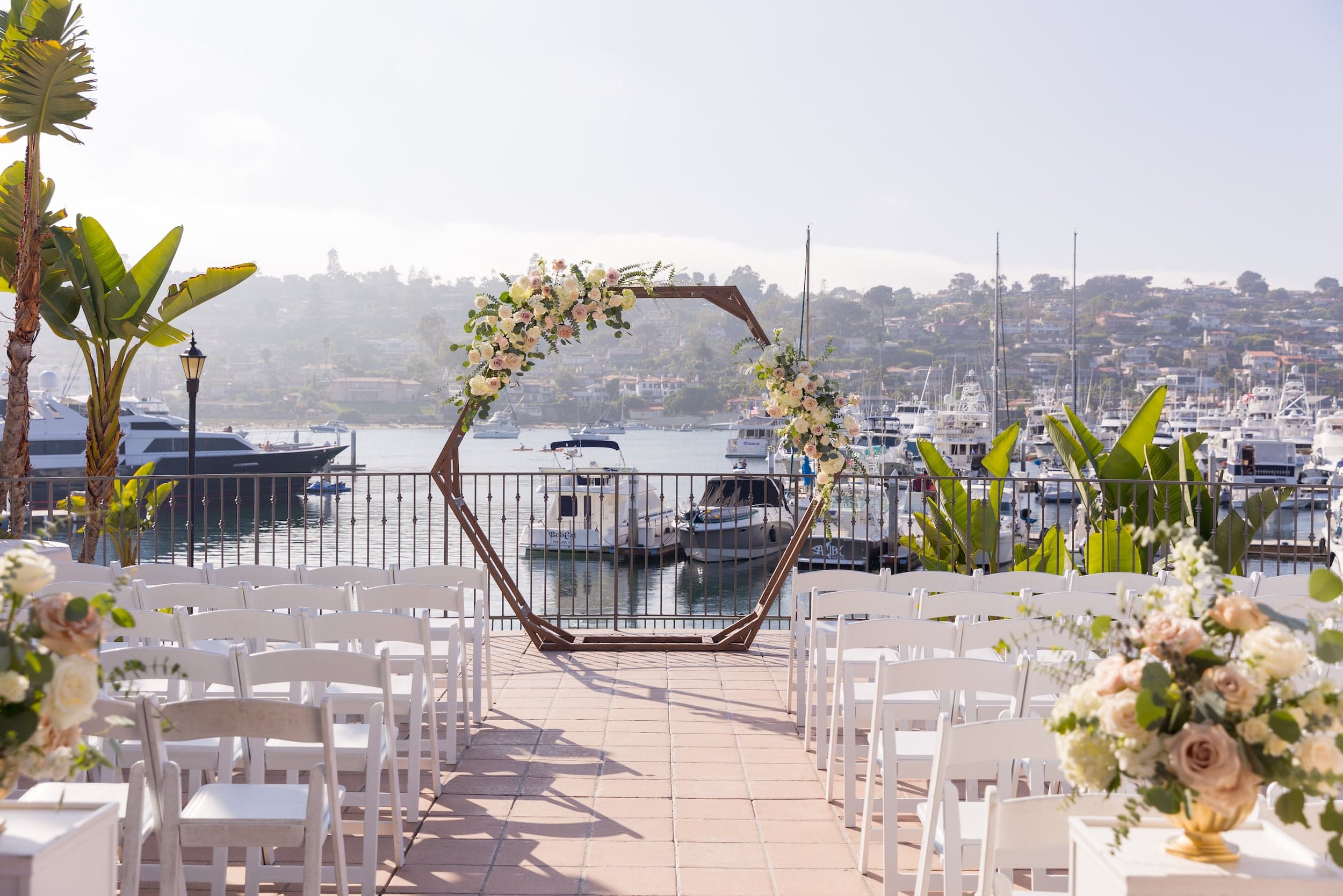 An outdoor wedding setup ready for a wedding at Kona Kai