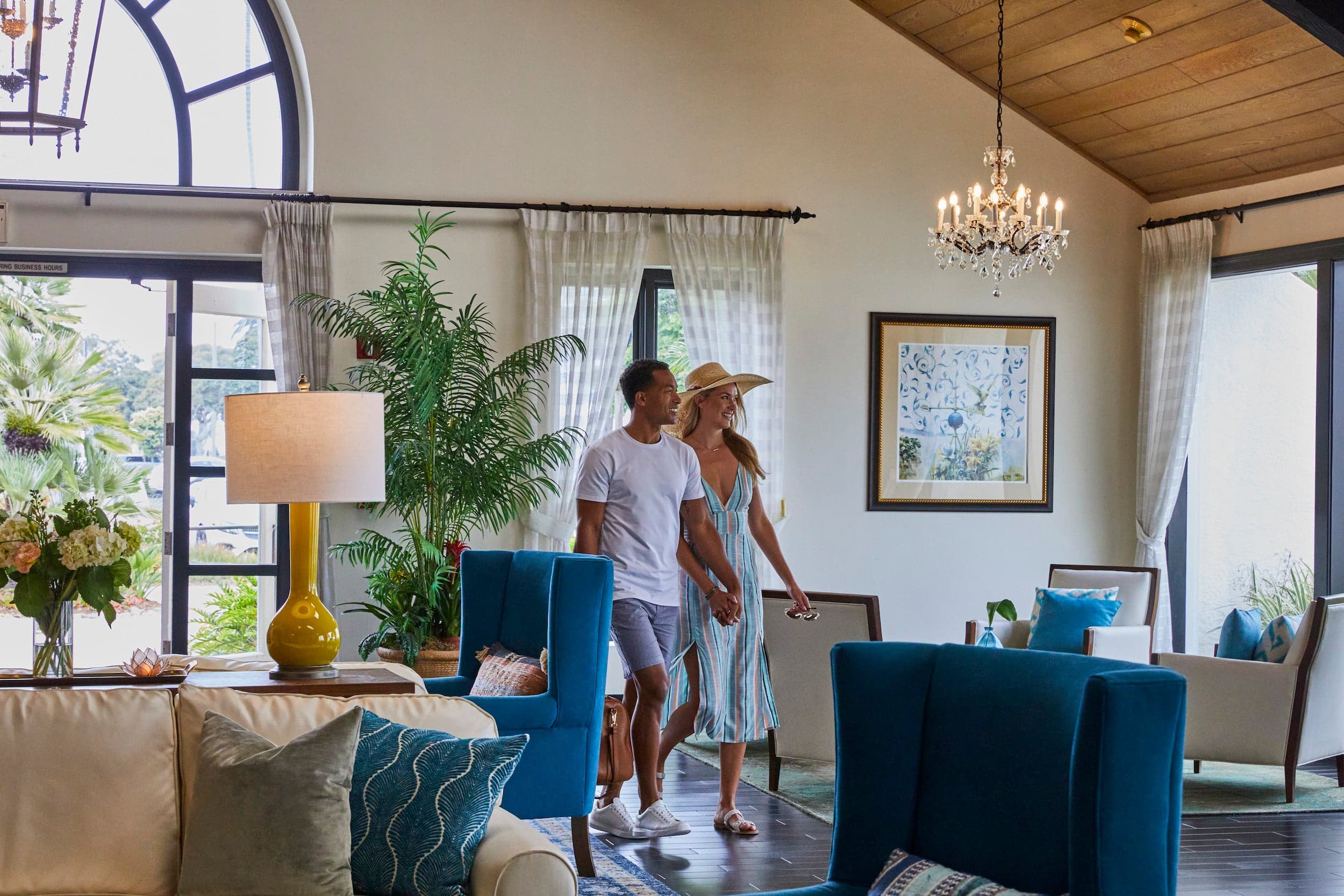 A couple walking in the lobby of Koan Kai