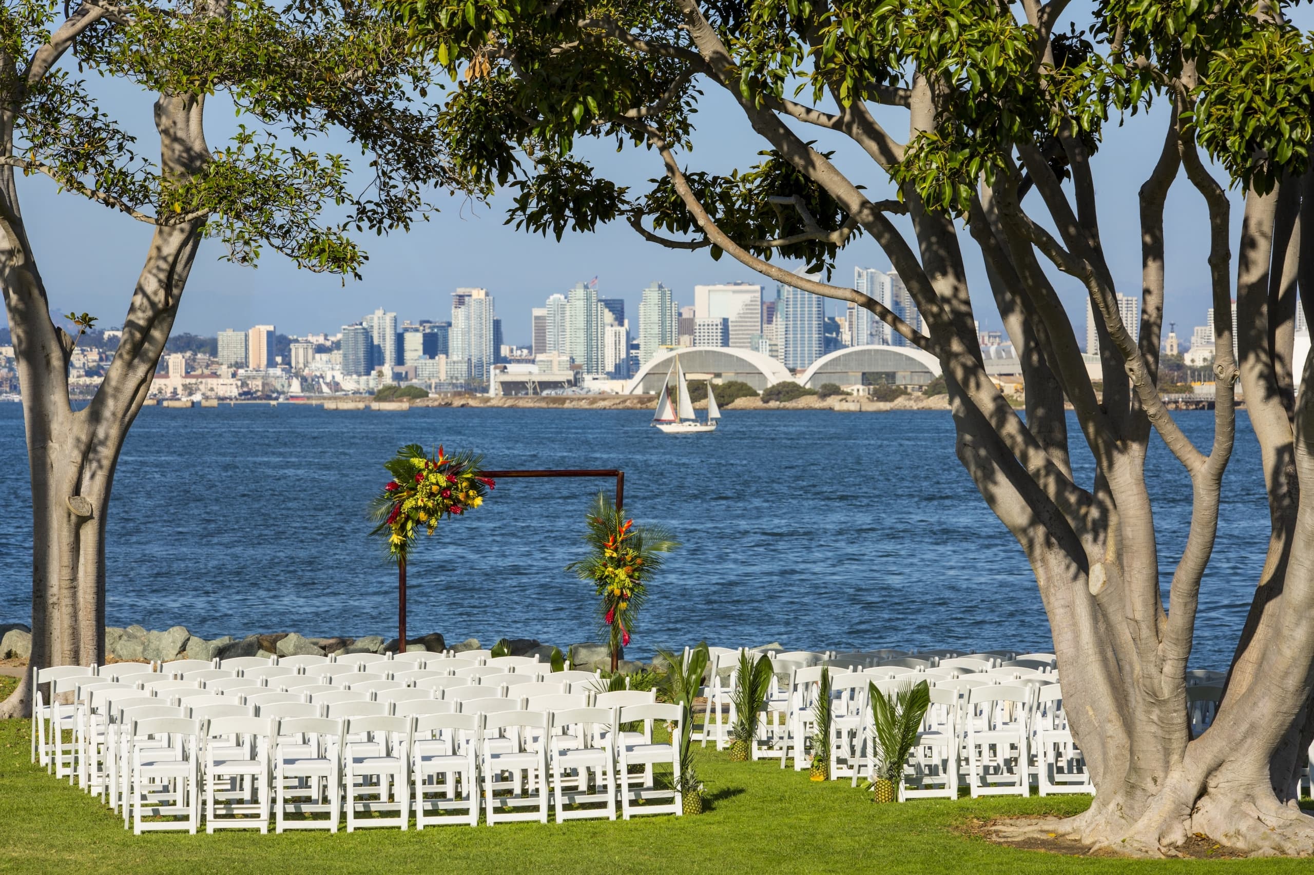 Skyline Park near Kona Kai, a beautiful green park on the waterfront, set up for a wedding