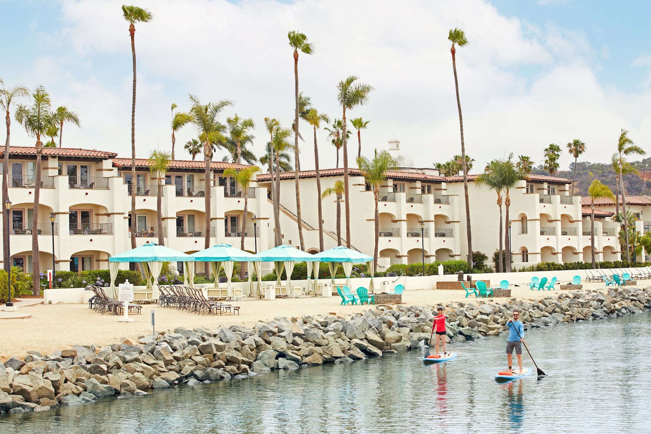 Two people paddle boarding off of Kona Kai