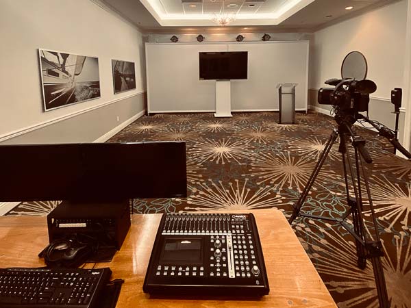 Meeting room set up for a video conference.